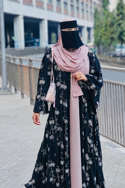 Luxury Dubai Cherry Fabric Embroidered Koti Set (Koti + Inner + Long Hijab)